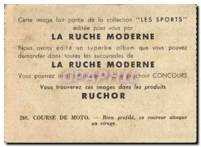 Corrida de moto — Bem perfilado, este corredor ataca uma curva — La Ruche Moderne, n° 268 — Verso