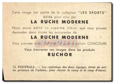 Futebol — Os capitães das duas equipes sortem em presença do árbitro — Coleção 'Os Esportes' — La Ruche Moderne, n°73 — Verso