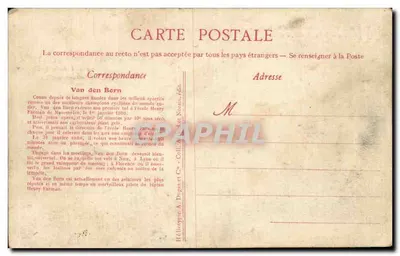 Tarjeta postal antigua Aviation Avión Van den Born sobre biplano Farman Motor Gnome Circuito de Anjou Junio 1912 — Reverso