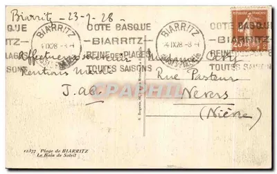 Piaszczysty brzeg Biarritz — Kąpiel w słońcu — R. Bergarin, nr 12377 — Rewers