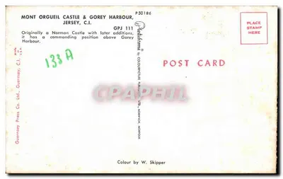 Castelo de Mont Orgueil e Porto de Gorey — Jersey, C.I. — Guernsey Press Co. Ltd. GPJ 111 — Verso