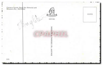 Clarence Parade, Naval War Memorial and Miniature Rly., SOUTHSEA — editor Shoesmith & Etheridge Ltd., Hastings, n° de série C13721 — Verso