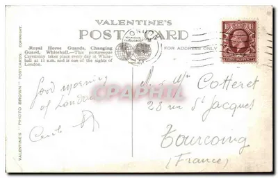 Guardas Reais a Cavalo, Troca de Guarda, Whitehall, Londres — Cartão Postal Valentine n°72306 — Verso