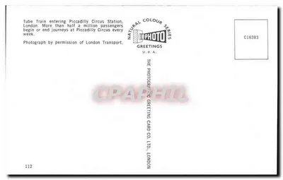 Pociąg na Piccadilly Circus — Londyn — wydawca The Photographic Greeting Card Co. Ltd. n° C16383 — Rewers
