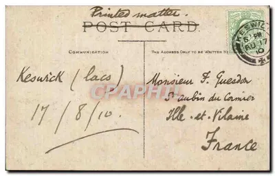 Lagoa Windermere — vista do lago com barco e cais — editor Pettit, n° 658 — Verso