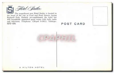 Hotel Statler — Hartford — editor desconhecido, n° de série HFD 458 — Verso