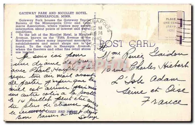 Cartolina d'epoca Gateway Park and Nicollet Hotel Minneapolis Minn — Verso