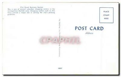 21st Street Business Section — centro comercial suburbano — Publicado por Row Distributing Co., Norfolk, Va. n° S4041 — Verso