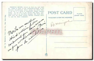 Pershing Square, New York City — widok panoramiczny z wieżowców i placu — wydawca Manhattan Post Card Co., nr 19602 — Rewers