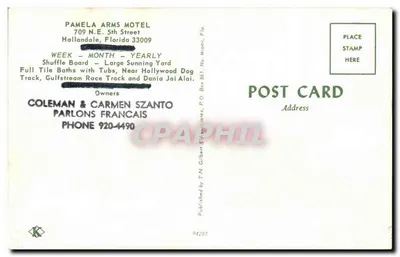 Motel Pamela Arms — Hallandale, Florida — Publicado por T.N. Gilber & Hallandales, P.O. Box 861, No. Miami, Fla. — Verso