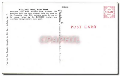 Spadziste Niagara, Nowy Jork — Amerykańskie Spadziste z Parku Victoria, Kanada — wydane przez The Esquire Novelty & Gift Co., Buffalo, N.Y. — Rewers