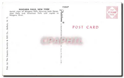 Niagara Falls, Nova York — vista aérea das quedas e corredeiras — editor: The Esquire Novelty & Gift Co., Buffalo, N.Y. — Verso