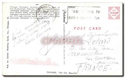 Chicago — Helicóptero de Chicago Helicopter Airways — editor Cameo Greeting Cards, Inc. — Reverso