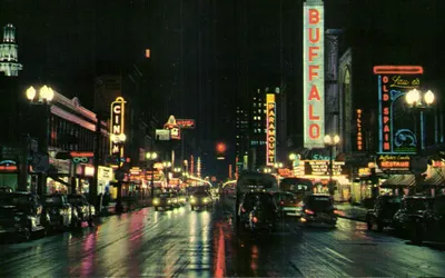 Buffalo — After Dark — Olhando para o Sul na Main Street — Esquire Novelty & Gift Co. P11252