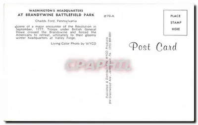 Sede de Washington no Parque do Campo de Batalha de Brandywine — Chadds Ford, Pensilvânia — WYCO Products #70-A — Verso