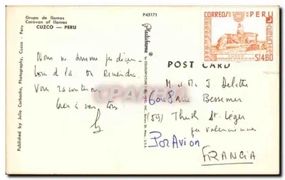 Karawanę alpaki — Cuzco, Peru — Wydawca: Colourpicture Publishers, Inc. (USA) — nr P45171 — Rewers