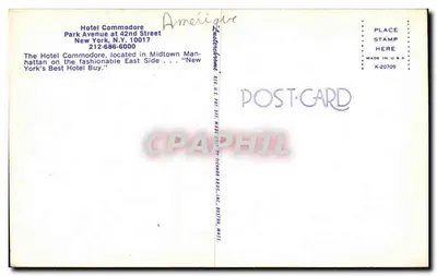 Hotel Commodore — Nova Iorque — editor Ticknor Bros. Inc. n° K-20709 — Verso