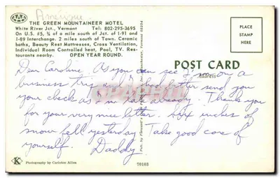 O Green Mountaineer Motel — White River Jct., Vermont — Publicado por Forward's Inc. n° 70103 — Verso