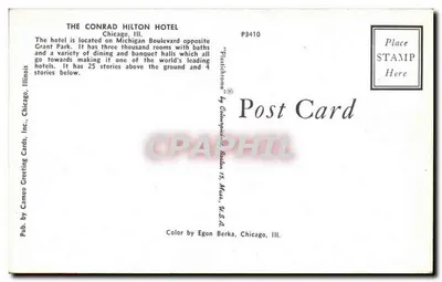 Hotel Conrad Hilton — Chicago, Illinois — Publicado por Camco Greeting Cards, Inc., Chicago, Ill. — Reverso