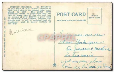 Igreja de Trinity e arranha-céus, Nova Iorque — Pub. by Manhattan Post Card Co. — Verso