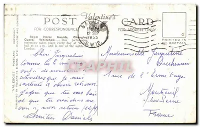 Zmiana straży, Whitehall, Londyn — Valentine's Postcard, n°7234 — Rewers