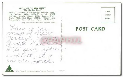 Carta postal ilustrada de New Jersey — Editor Christie McFall, n° 57820 — Verso