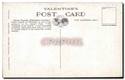Guardas de Cavalaria, Whitehall, Londres — Cartão Postal Valentine's n°64226 — Verso