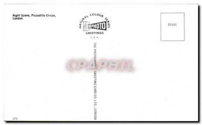 Piccadilly Circus de noche — Natural Colour Series, editor The Photographic Greeting Card Co. Ltd., n° C9101 — Reverso