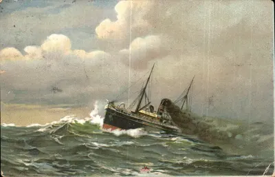 Navire en difficulté dans les vagues — éditeur 'Volta' — n° de série non lisible