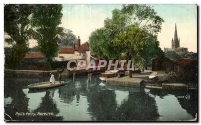 Pull's Ferry, Norwich — vista do rio com barco e igreja — Valentine's Garnis, n° 58318