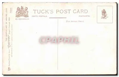 Cena de romance — homem em traje da época e mulher em vestido branco — Tuck's Post Card n°9281 — Verso
