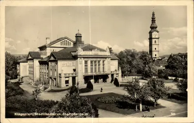 Klagenfurt, Teatro da Cidade com Torre da Igreja da Cidade — editor Schmann, n° 321