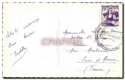 Oetz z Acherkogel, Tyrol — widok budynku zdekorowanego z dwoma mężczyznami w strojach tradycyjnych — wydawca: A. Queen & Co. — Rewers