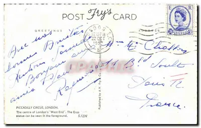 Piccadilly Circus — Londyn — wydawca Fry's Card, nr S.12/N — Rewers