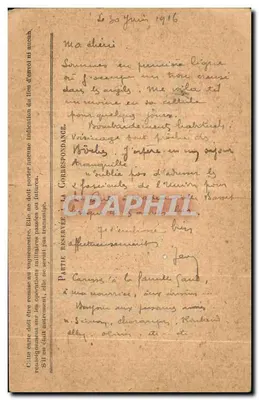 सैन्य बलों के लिए संचार — फ्रेंच पोस्टकार्ड — 30 जून 1916 की तारीख वाली — मिस बेल बूवेट के लिए वाल्रेस (वॉक्लस) में — पीछे