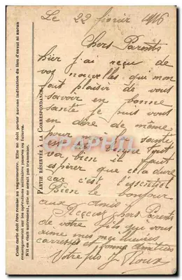 Korespondencja Armii Republiki — Karta w zwolnieniu — Żołnierz do rodziców — Rewers