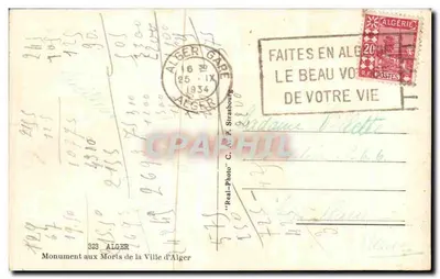 Monumento aos Mortos da Cidade de Argel — Argélia — editor Real-Photo — Verso