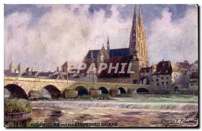 Regensburg com a Ponte de Pedra — pintura a água forte — Charles F. Flawne, editor Oilette, série 'Oilette' n°111