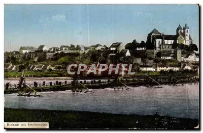 Breisach com ponte de navio — vista do vilarejo e da catedral — editor Hugo Helf, Nébreisach, n° 11609
