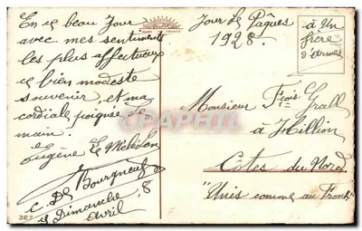 Gniazdo ptaka z jajkami i kwiatami — Wesołe Wielkanocne Święta — wydawca BOURNON, nr 387 — Rewers