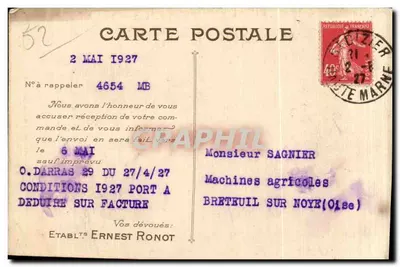 Bilhete postal antigo Saint-Dizier les établissements Ernest Ronot — Verso