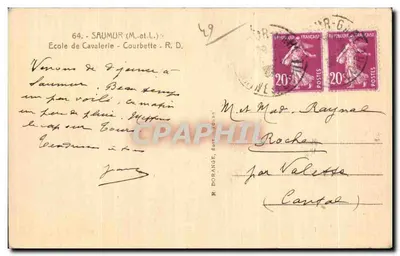 Escola de Cavalaria em Saumur — Sujeto: cavaleiros em ação — editor R. Dorange, n° 64 — Verso