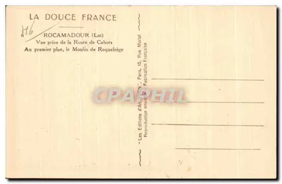 Rocamadour (Lot) — Widok zdrobniony z Drogi do Cahors, na pierwszym planie Młyn Roquefrège — Les Editions d'Art-VON, Paryż — Rewers