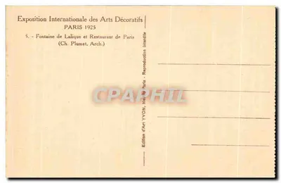 Exposição Internacional dos Artes Decorativas — Fonte de Lalique e Restaurante de Paris — Edição de Arte YVON — Verso