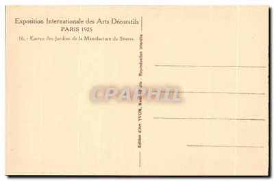 Ingang van de Tuinen van de Manufacture de Sèvres — Internationale Tentoonstelling van Decoratieve Kunsten 1925 — Kunstuitgave YVON — Achterkant