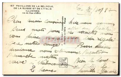 Exposição Internacional de Paris 1937 — Pavilhões da Bélgica, da Suíça e da Itália iluminados — H. CHIUL Concessionário, Boulogne-sur-Seine — Verso