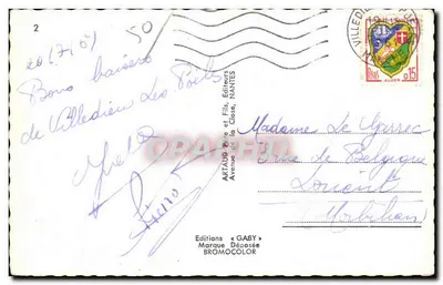 Villedieu-les-Poêles — widok placu Republiki, kościoła, lokalnej czapki, kowala w pracy i zakładu dzwonów — wydawca Artaud Frères et Fils, Nantes — Rewers