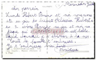 Bilhete postal antigo Saint Pair sur mer villa les courlis maison d enfants e a praia — Verso