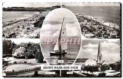 Saint-Pair-sur-Mer — vue de la plage, du jardin public, de l'église et d'un voilier — Éditions Gaby, Nantes