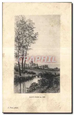 Saint-Pair em 1860 — vista pitoresca com rio e aldeia — J. Puel, fot.
